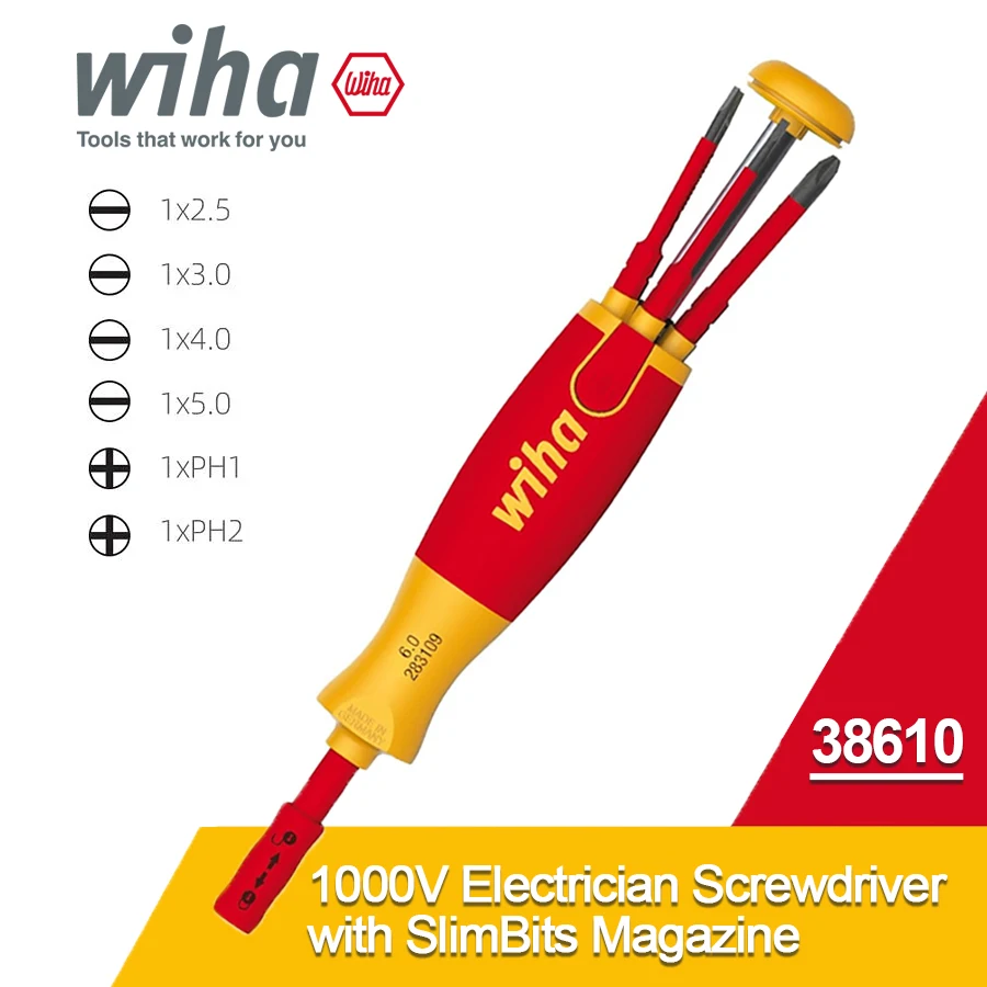 WIHA 6 in 1 Insulated Slim Line Precision Pop Up Screwdriver Set 1000V Electrician Screwdriver with SlimBits Magazine NO.38610