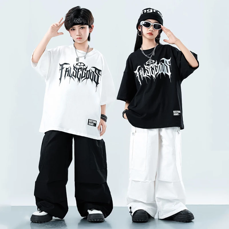 Kinder Street Dance Outfit Hip Hop Lose Hose Schwarz Weiß Oversize T-Shirt Teen Jungen Mode Jazz Urban Dance Kostüm 3407