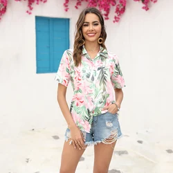 Women Summer Leaves Elegant Floral Shirt Summer Hawaiian Short Sleeve Oversized Shirts Printing Vacation Style Custom Camisa