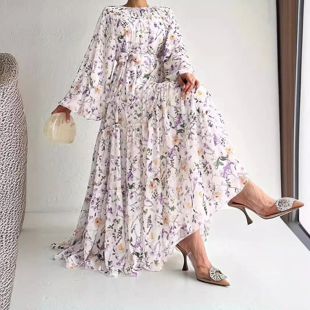 Muslim Dress Women Lace-up Casual  Kaftan Chiffon Flower Dress for Women Elegante Temperament Abaya Dubai Islam Clothes Vestidos