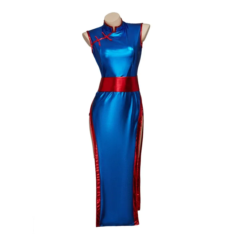 Sky05 Disfraz de Chichi Cosplay Sexy Cheongsam con abertura alta vestido azul elástico vestido de Chichi disfraz de esposa Goku mujer Hallowe99JIu @