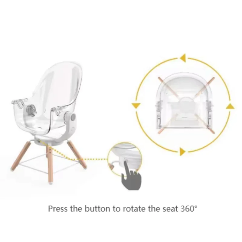 Baby and Toddler High Chair with Clear Seat and 360° Swivel, White and Grey with Wooden Legs