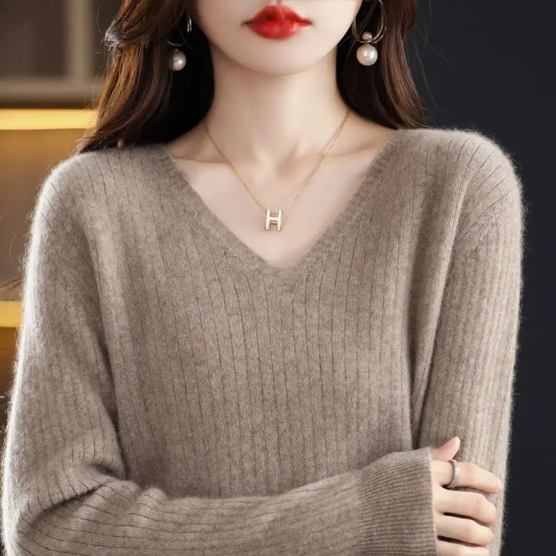 

2023 Autumn Winter Warm Cashmere Sweater Women V-Neck Cashmere Sweater Casual Basic Pullover Knitwear