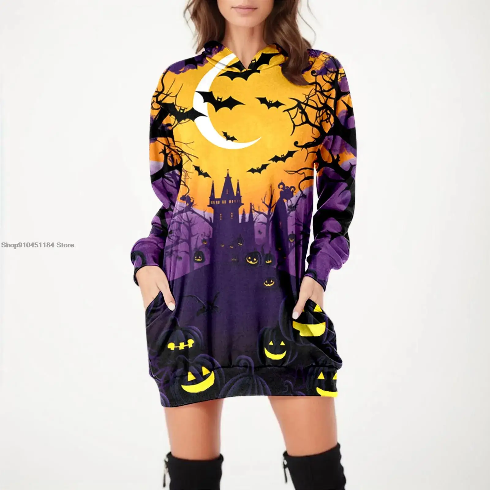 Women Halloween Print Loose Pocket Long Sleeve Hood Bohemia Daily Workout Hoodies Long Sleeve Pullover Autumn Winter Loose