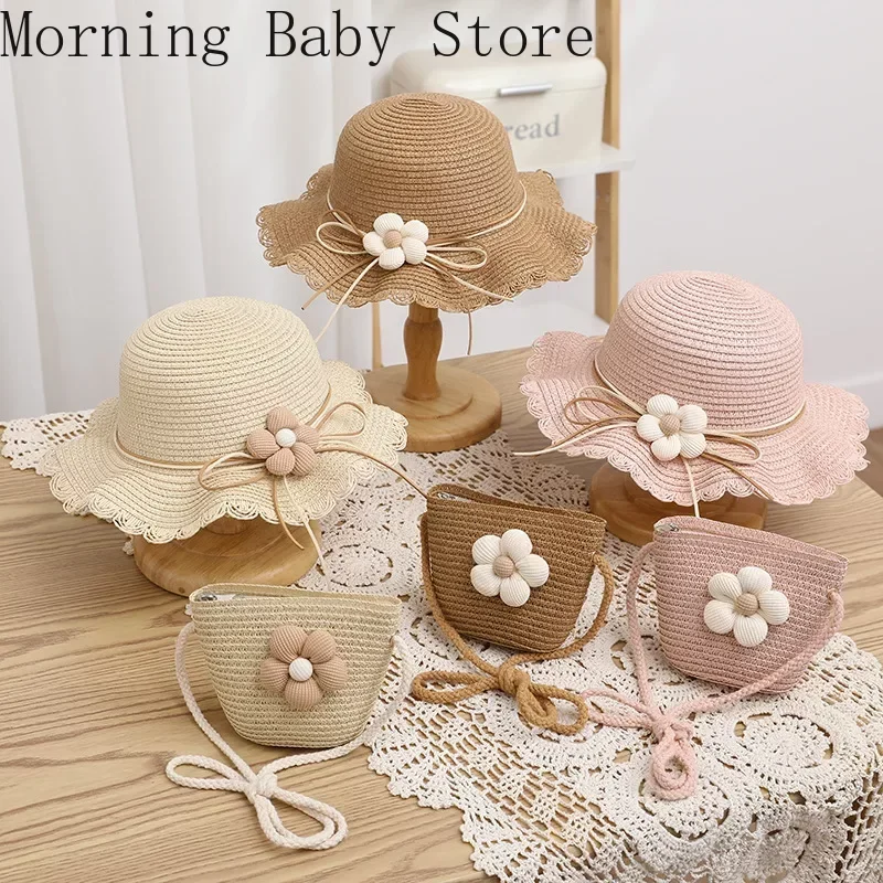 Fashion Flower Kids Girls Summer Caps Children Sunscreen Sun Hat Straw Hat Bag for Beach Baby Accessories for 2-8 Years Kids