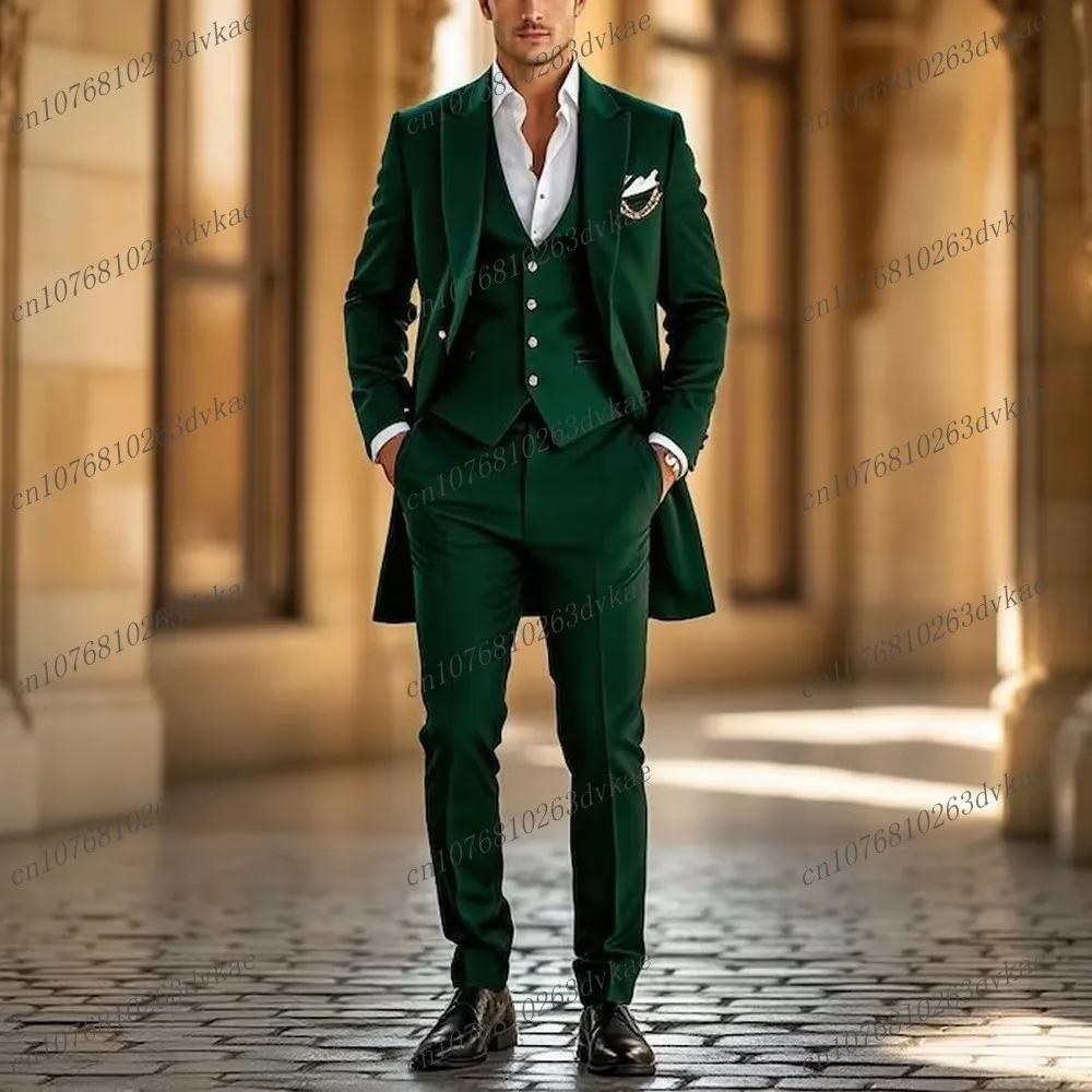 Dark Green Long Jacket Business Formal Men Suit Groom Groomsman Wedding Party Prom Male Tuxedos 3 Piece Set Blazer Vest Pants