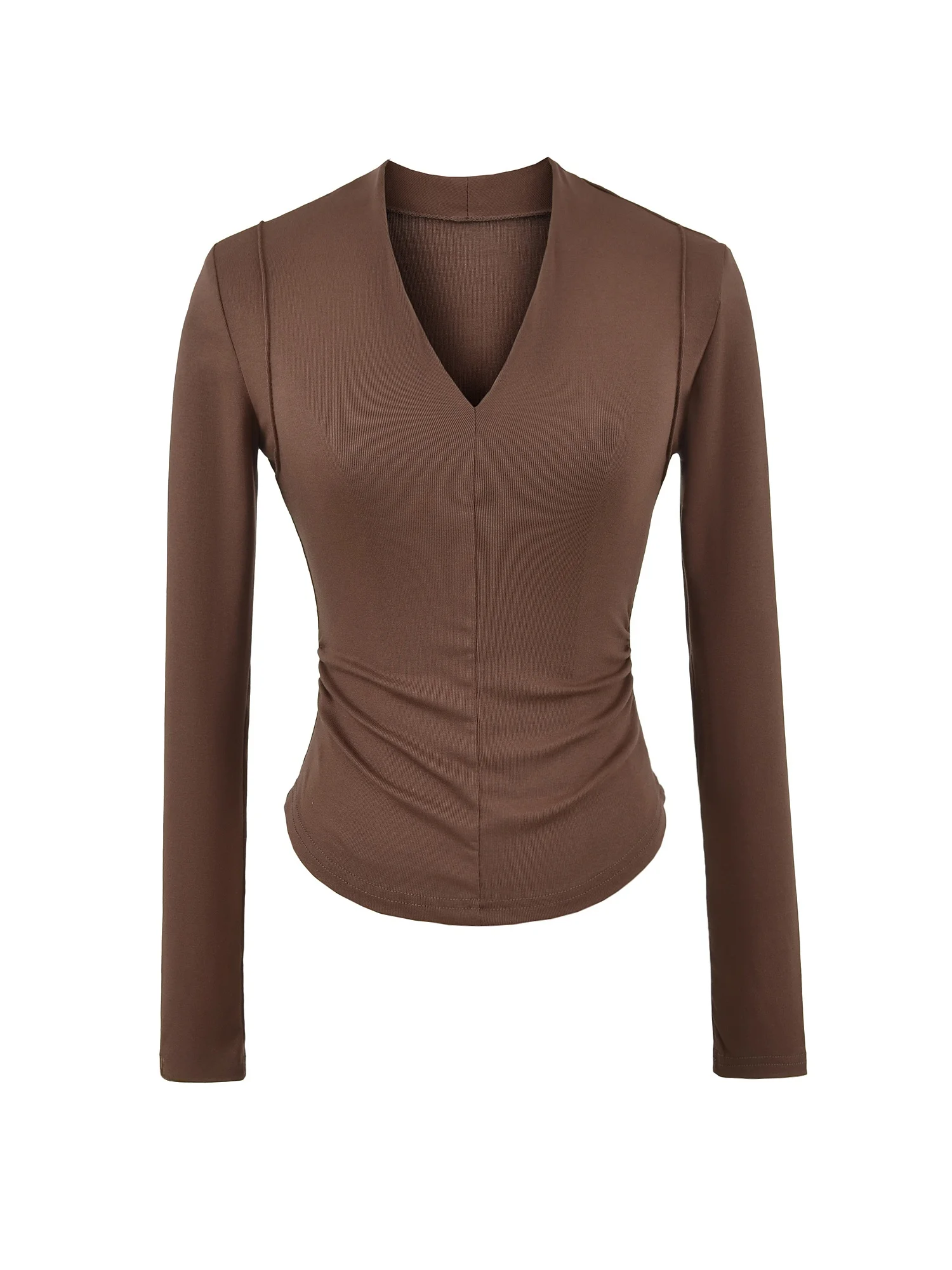 섹시한 미국 스타일 긴팔 티셔츠 여성 슬림핏 허리 조임 V넥 단색 기본 셔츠 면 폴리에스터 혼방