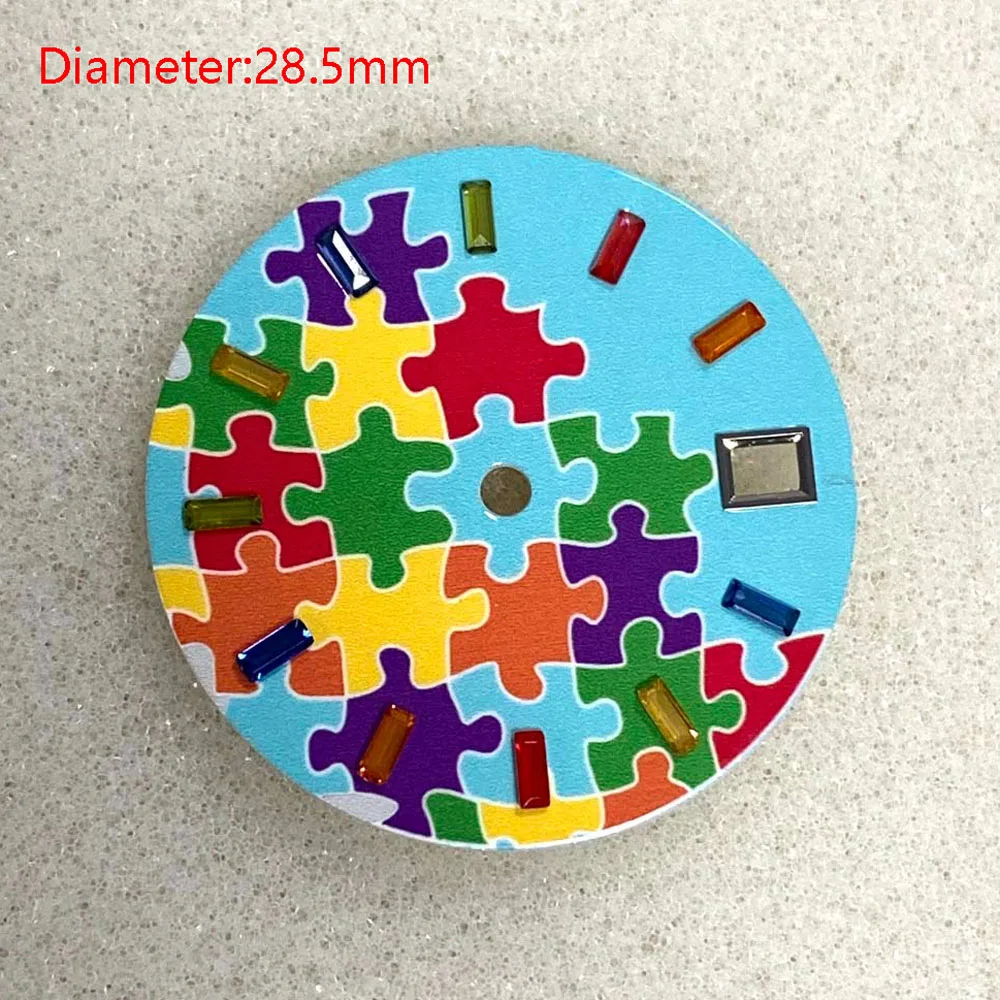 قرص NH35 28.5 ملم برتقالي أزرق أخضر أرجواني قرص ألغاز مع مسامير ملونة مناسبة لشعار NH35 الأوتوماتيكي المخصص