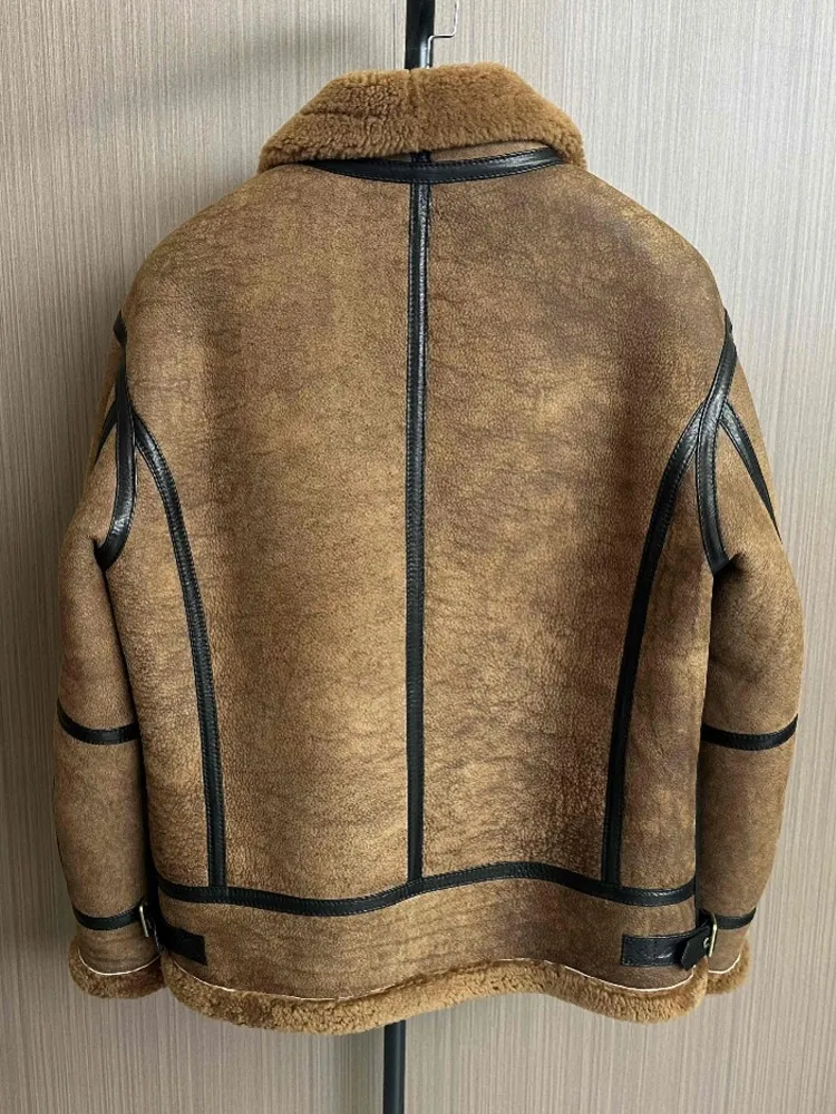 Business Men Winter Warm Wool Lining Work Coat Sheepskin Genuine Leather Real Fur Jacket Motorcycle Natural Shearling Coat 8XL - Image 2