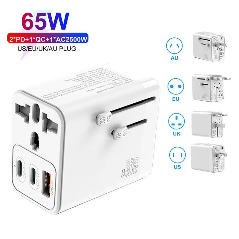 

Universal Travel Adapter 65W GaN Fast Charger with UK EU AU US Plugs 2USB-C PD & USB-A QC Worldwide International Charger