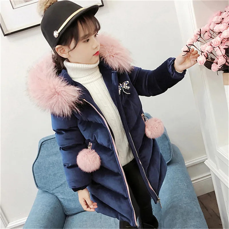 3-12T Girls\' Coat Big Fur Collar Hooded Jacket Winter Thick Warm Cotton Coat Mid-length Down Jacket Girls Quilted Jacket