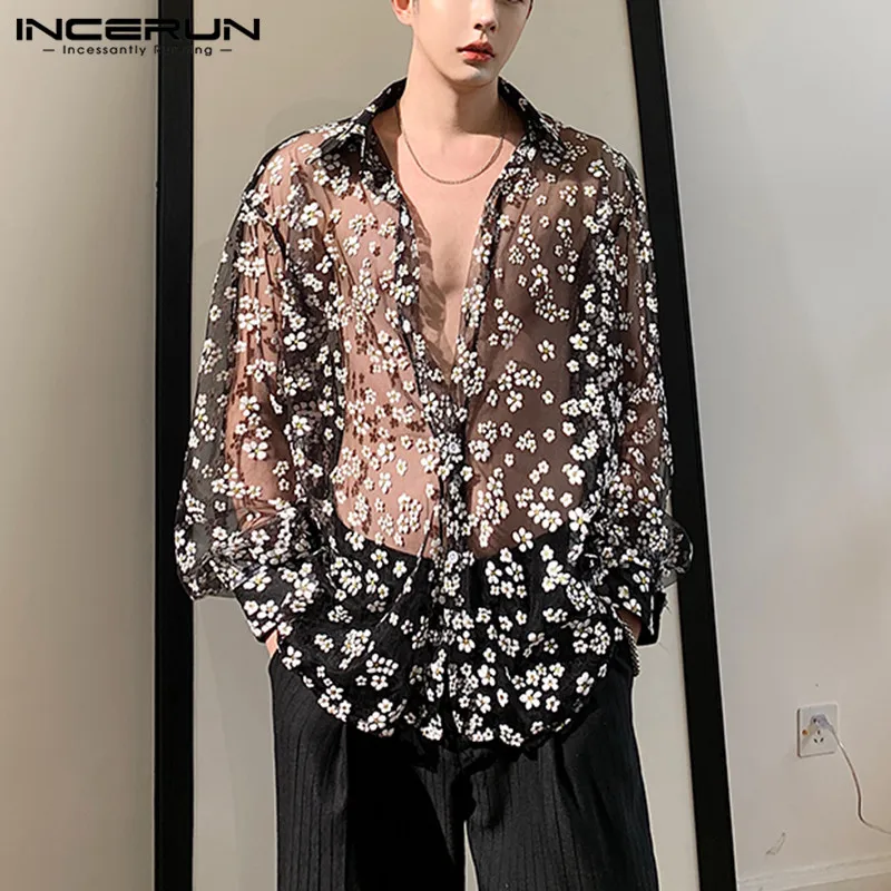 

INCERUN Fashion Men Mesh Shirt Long Sleeve Transparent Printing Casual Loose Shirts Streetwear Lapel Party Casmias S-5XL 2024