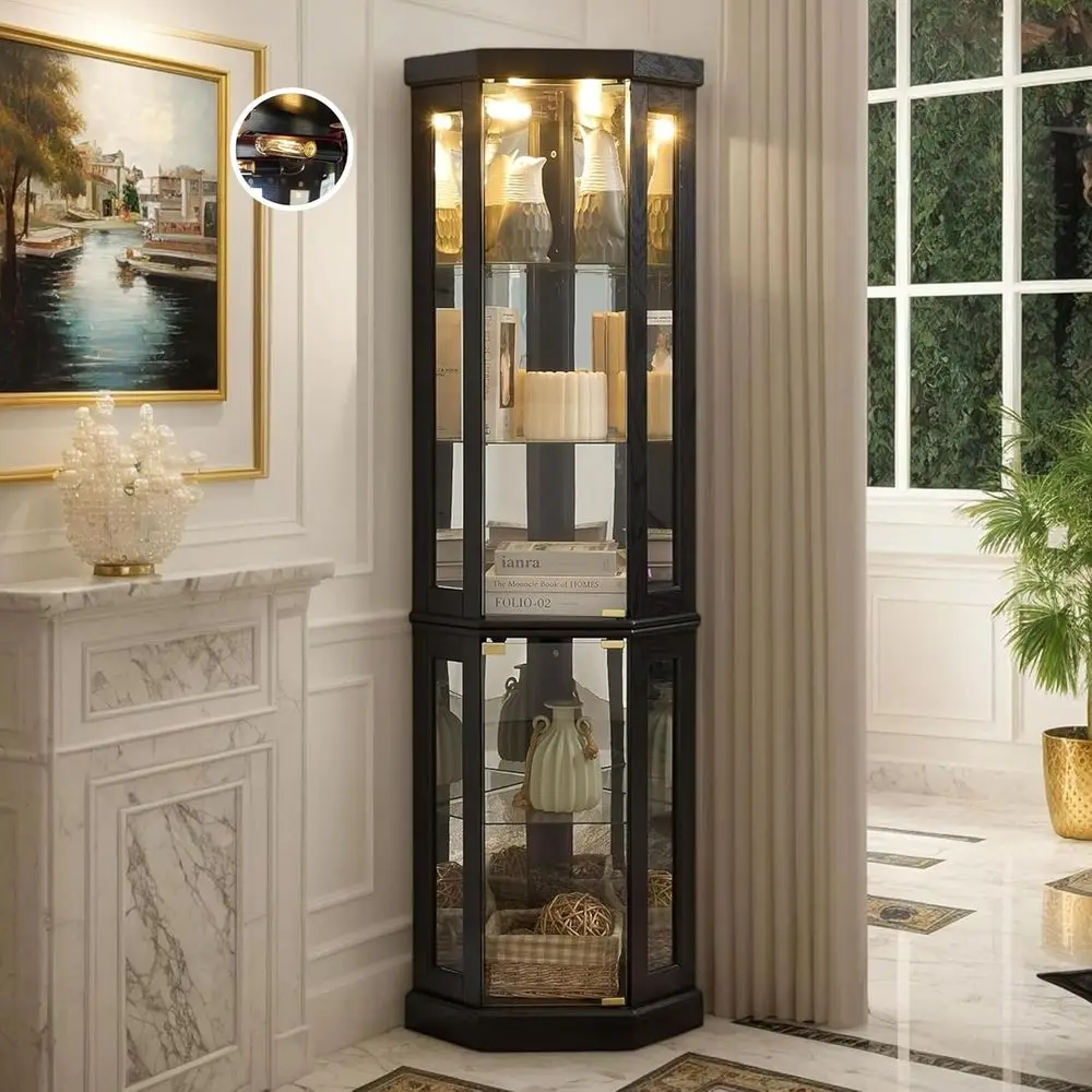 70 Lighted Curio Cabinet, Curved Wood China Display Case with Tempered Glass Door & Adjustable Shelves, Light Bulb Included, Tal