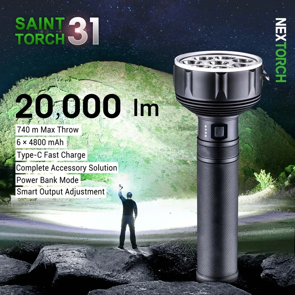 

20000lm 300W most powerful led flashlight Saint Torch 31 usb C rechargeable camping searchlight 20000 lumen torch