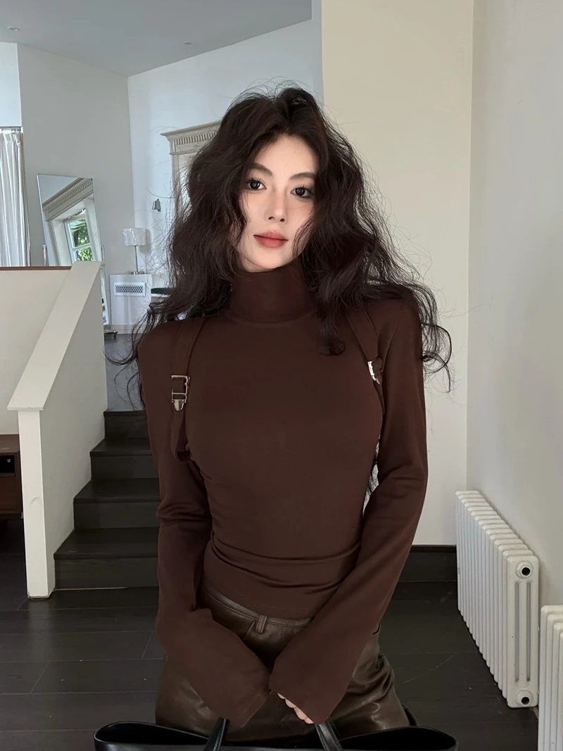 

Женская утепленная флисовая футболка с длинным рукавом, высоким воротником, облегающая, базовая, кофейного цвета, для весеннего сезона