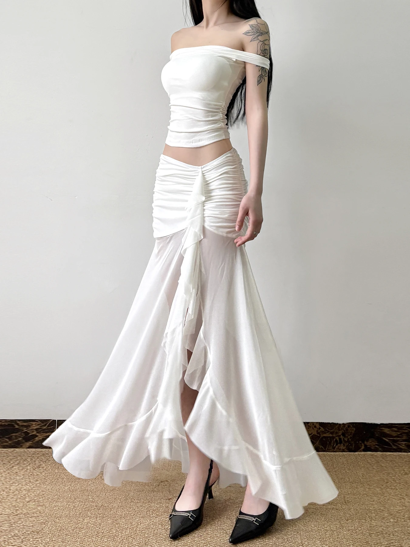 Rockmore Vacation Mesh See Through Long Skirts Sexy Summer Ruffle Split Pleated Wrap Skirt Elegant Fashion Women's Clothing 2025