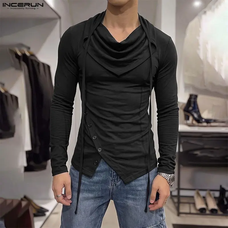 INCERUN Men's Irregular T Shirt Solid Long Sleeve Belt Tee Tops For Man Camisetas Streetwear Fashion Spring Autumn Men Clothes