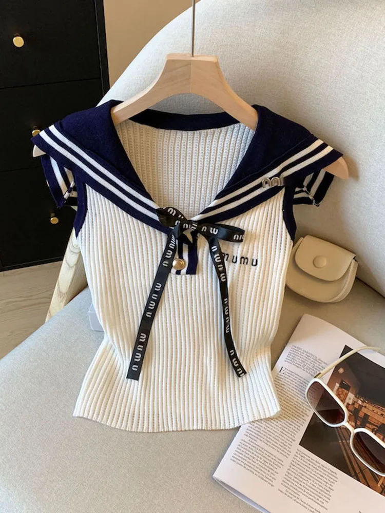Women's Summer New Style Bow Tie Shawl Neck Short Small Top Small Fragrant Letter Embroidered Knitted Sweet Slim Vest