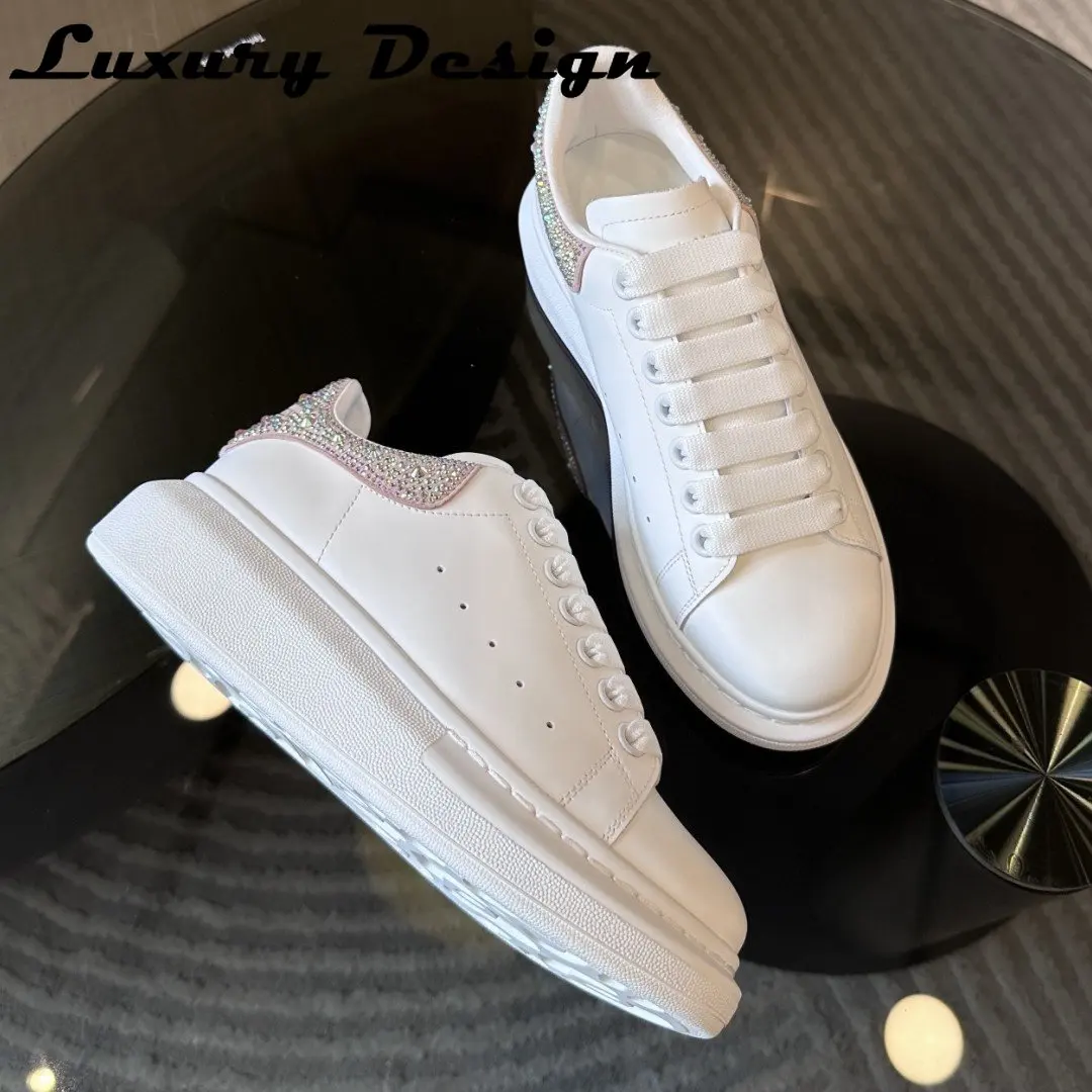 Luxury Rhinestone Sneakers Women Thick Sole Leisure Shoe Unisex Brand Trainer Man Mixed Colors Crystal Genuine Leather Designer