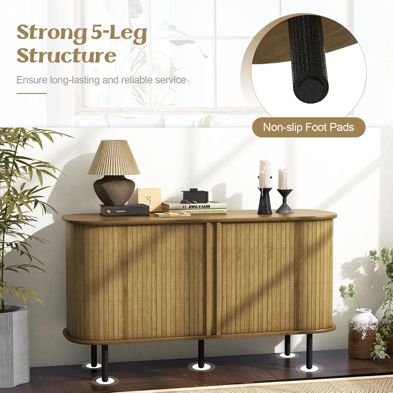 خزانة تخزين المطبخ، خزانة بوفيه مقاس 47 بوصة مع مساحة تخزين، خزانة جانبية خشبية مع بابين منزلقين، أرفف قابلة للتعديل، ائتمان