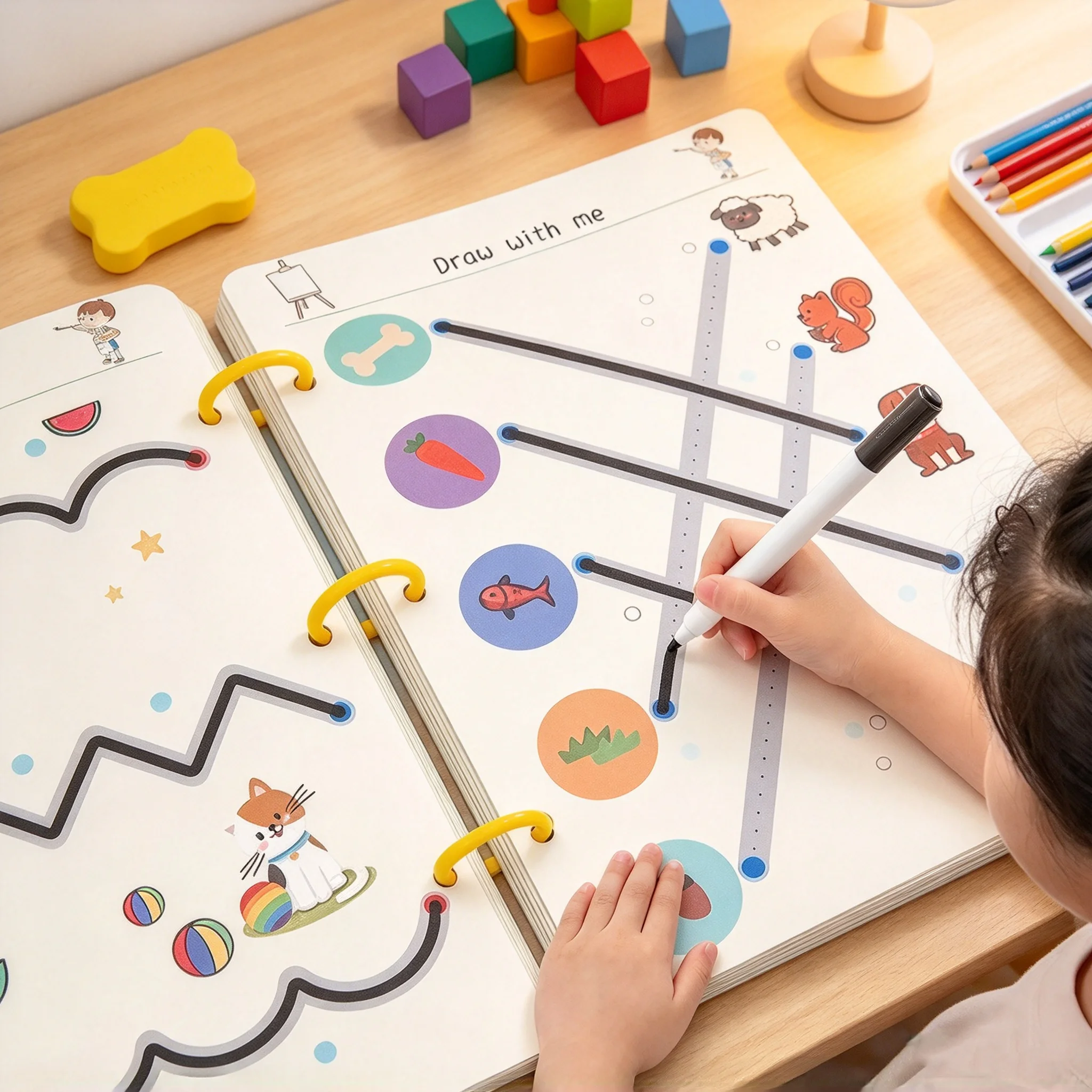 Reusable Magic Tracing Workbook with Pen and Eraser for Kids - Drawing Practice Writing Skills and Hand-Eye Coordination
