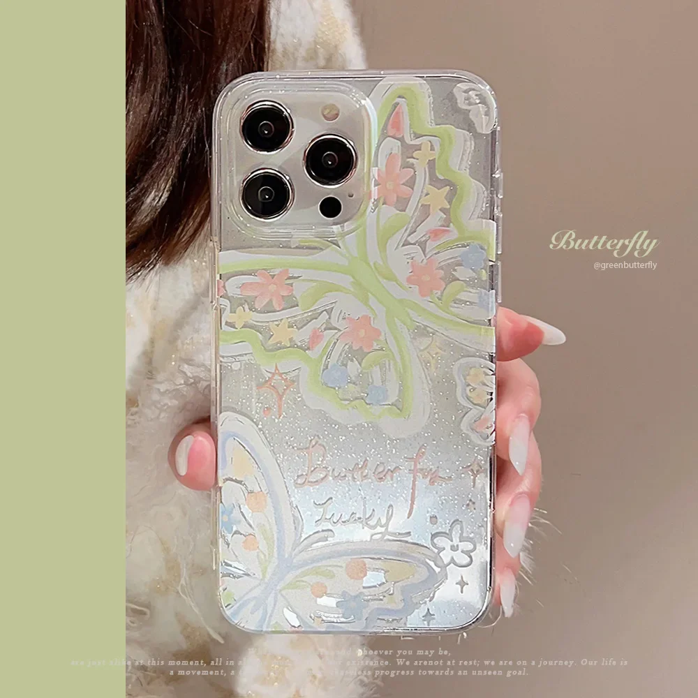 Fairy Summer brokat green Butterfly przezroczyste etui na telefon do iPhone'a 16 15 14 13 12 Pro Max 15 14 Plus Etui Cute cartoon Cover