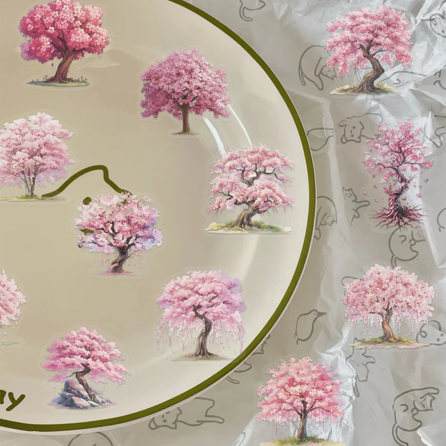 50 stuks mooie roze boom stickerpakket natuurlijk landschap decoratie dagboek DIY plakboek schoolbenodigdheden collage briefpapier sticker