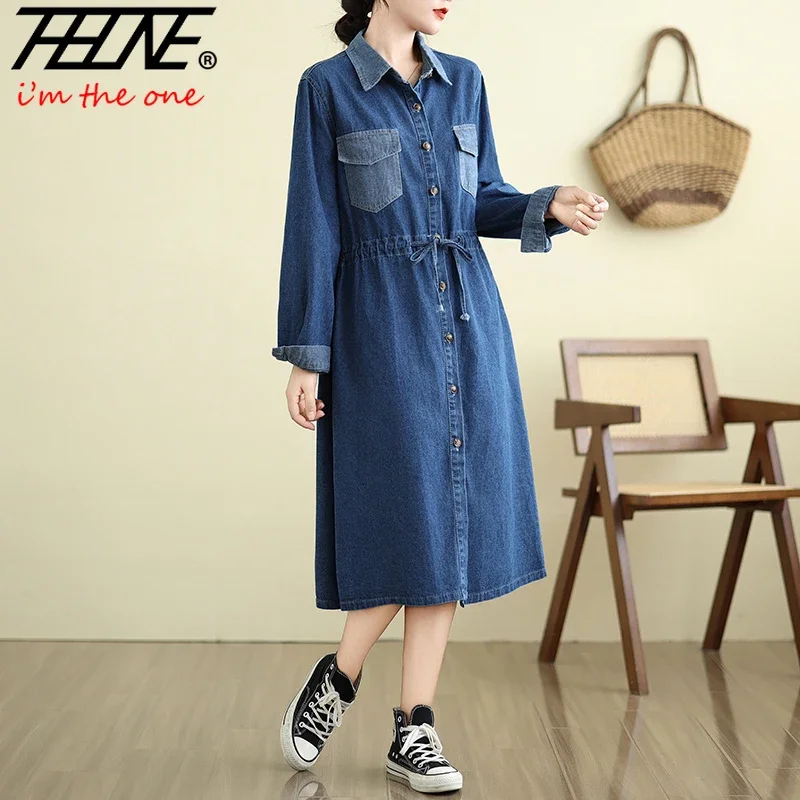 THHONE New 2024 Autumn Winter Denim Dresses for Women Draw String Vintage Solid Loose Casual Adjustable Waist Casual Dresses