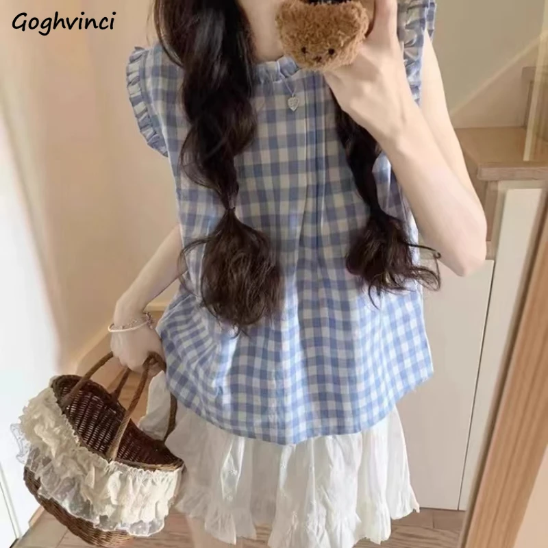 

Синие клетчатые блузки, женские топы без рукавов, съедобные деревянные грибы, свободные, милые, в японском стиле, в стиле Харадзюку, для девичьего отдыха, летние студенты