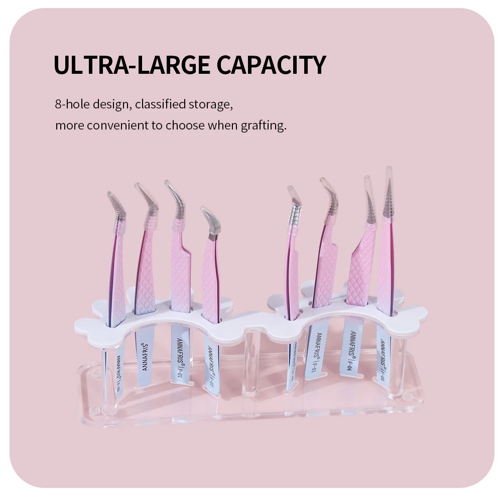 Stojak ekspozycyjny na pęsety do rzęs ANNAFRIS z 8 otworami, akrylowy organizer na pęsety do przedłużania rzęs.