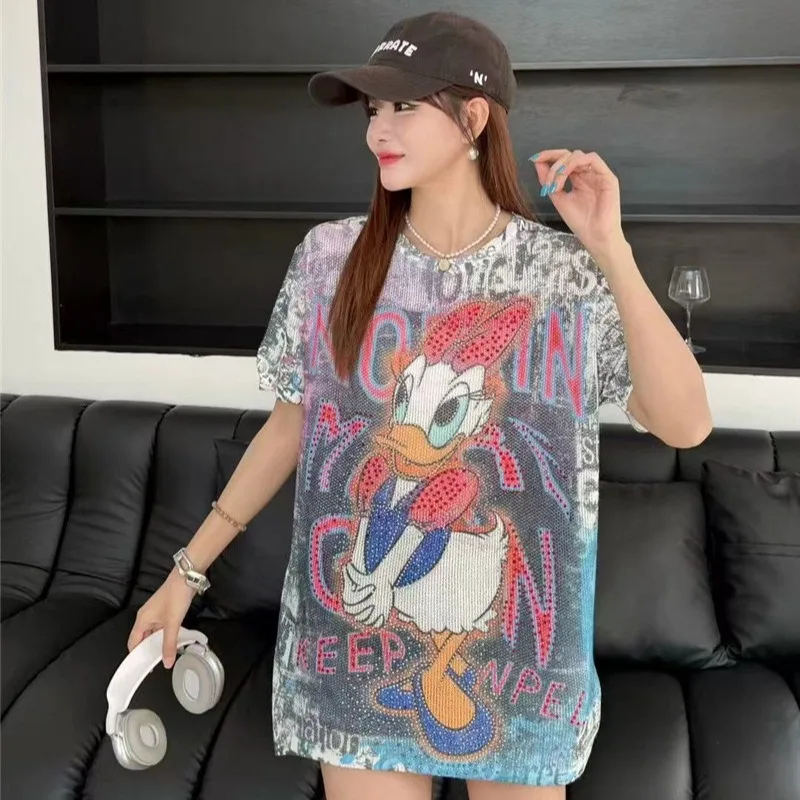 

Вязаный топ из ледяного льна с рукавами 3/4, женская свободная футболка с круглым вырезом и принтом, сверхпрочная футболка со стразами, подходит для стильных футболок 90-180 фунтов