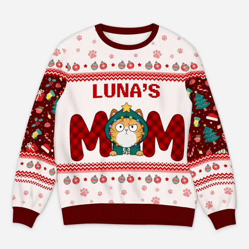 2027 Personalized Cat Mum and Couple Photo Sweaters with Names Ugly Christmas Sweater Long Sleeve Crewneck Holiday Party Tops