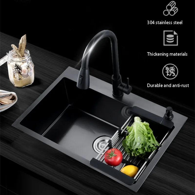 

304 Stainless Steel Black Kitchen Sink Household Improvement Above Counter Single Bowl Durable Washing Vegetable Kitchen Basin