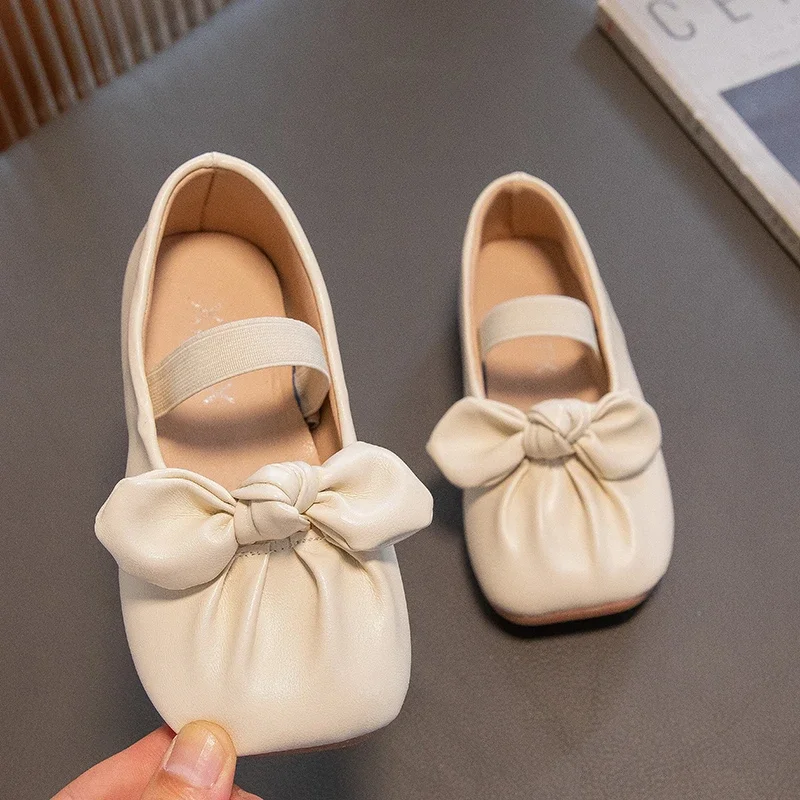 Girls Leather Shoes for Party Wedding Children Princess Shoes with Bow-knot Little Kids Square Head Elastic Band Flats Shoes