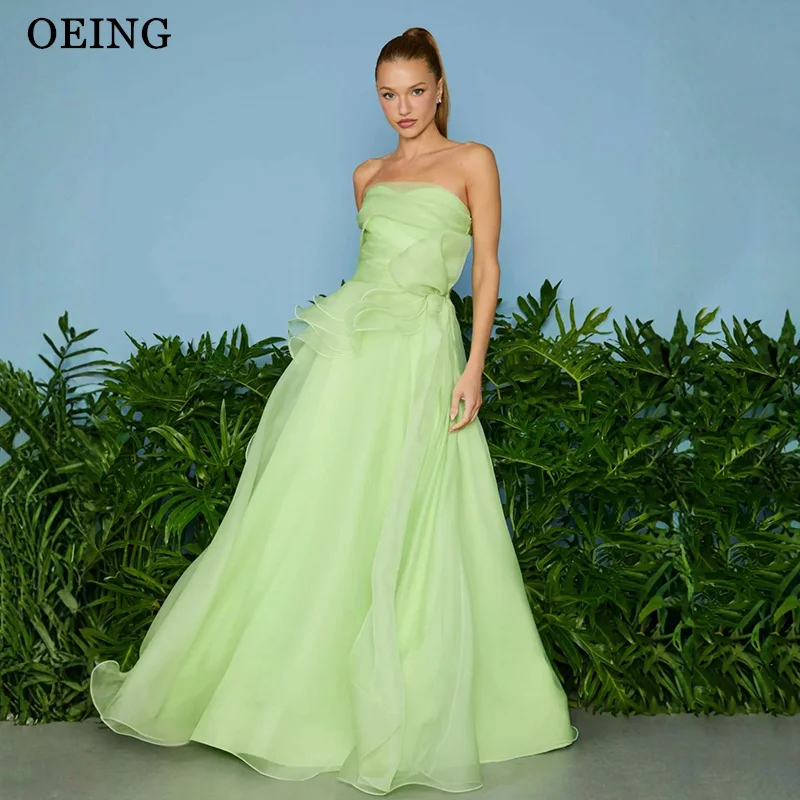 

OEING Charming A-Line Prom Dresses Green Strapless Ruched Ruffle Party Gowns Organza Floor Length Evening Dresses Customized