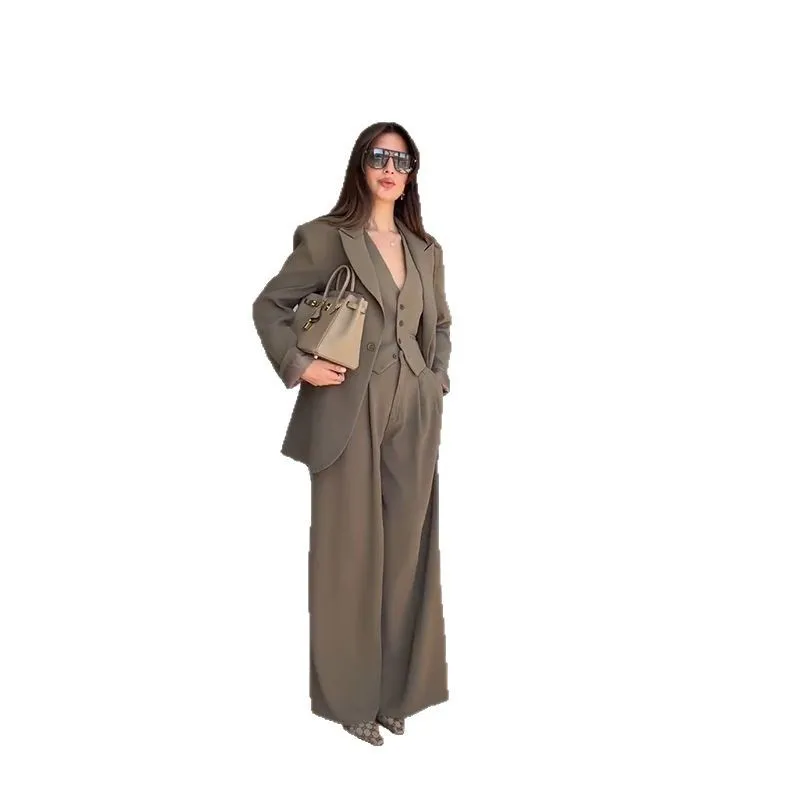 

2025 New Women's Casual Loose Long Sleeve Jacket Wide Leg Pants Three-piece Set Z057