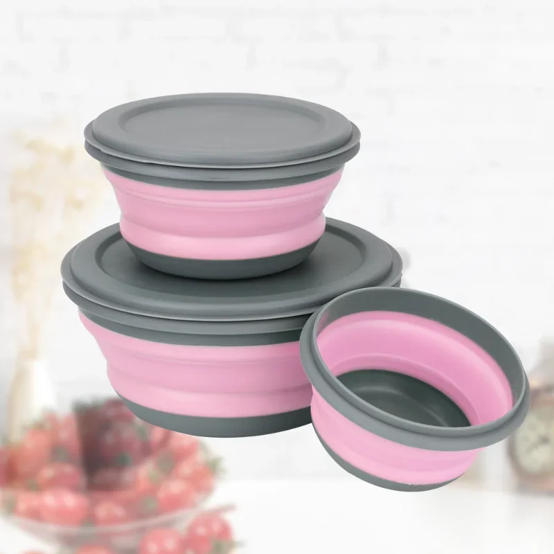 3Pcs/Set  Silicone Folding Lunch Box with Lid Portable Picnic Camping Bowl Set Kitchen Tableware Kit Foldable Fruit Salad Bowl