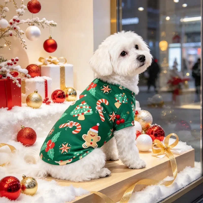 Christmas Cat Dog Vest Soft Polyester Christmas Element Print Christmas Cat Dog Vest Bichon Teddy Small Dog Holiday Photo Top