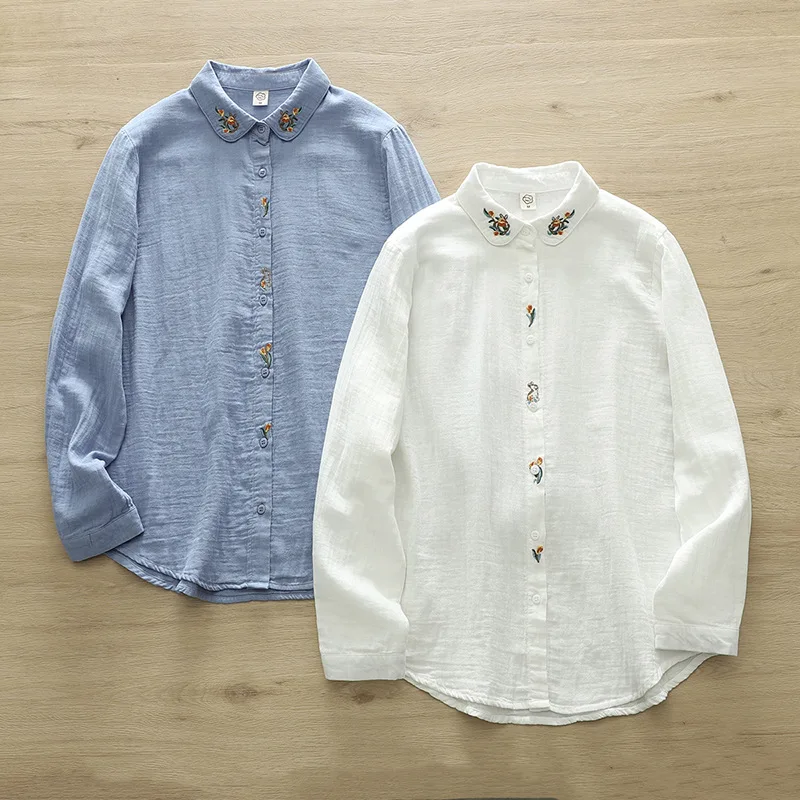 100% Cotton Yarn Long-sleeved Shirt Fall Clothes 2024 Women Vintage Embroider Shirts and Blouses Skin-friendly Women Tops