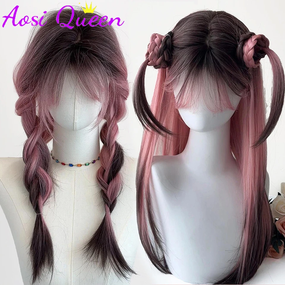 AOSI Black Pink Ombre Synthetic Wigs For Cosplay Long Straight Layered Wigs With Bangs For Women Heat Resistant Fake Hair