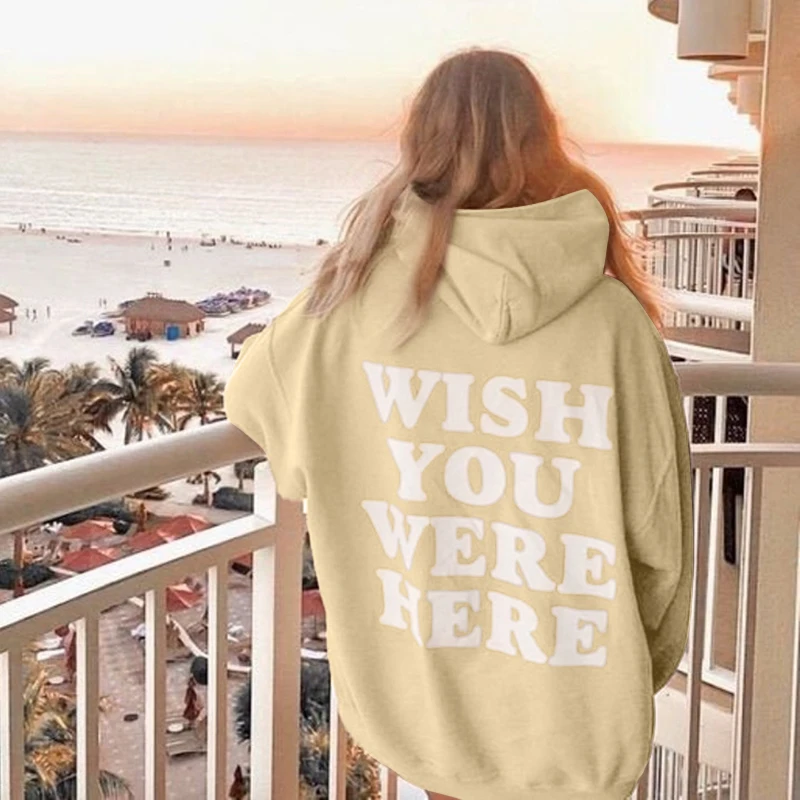 

WISH YOU WERE HERE letter print hoodie, drawstring casual hooded sweatshirt for fall & spring, women's clothing