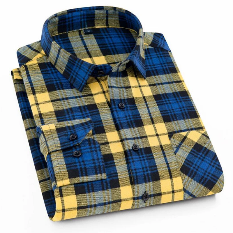 2022 New Men Casual Plaid Flannel Shirt Long-Sleeved Chest  with Pocket Design Fashion Boy Young Button Clothes