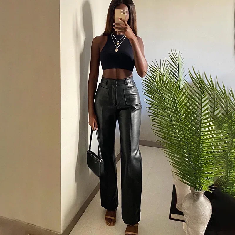 

Women Autumn Elegant High Waist Office Lady Slim Vintage Leisure Pants 2024 Faux Leather Pant Pockets Straight Classic Trousers