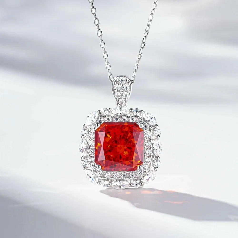 PT950 platinum necklace - red ice flower cut pendant with full diamonds and small square sugar-shaped pendant