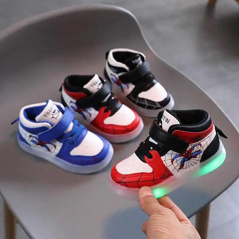 Disney Led Light Shoes for Kids Fashion Cartoon Spiderman Boys Sneakers Girls Casual Shoes Breathable Kids Sport Shoes Size 21-3