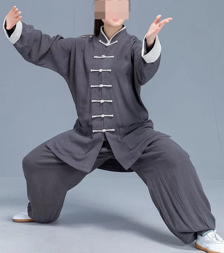 Unisex คุณภาพสูงฤดูใบไม้ร่วงและฤดูใบไม้ผลิสีเขียว/สีเทาศิลปะการต่อสู้ Kung Fu ชุด Qigong Wushu ชุด Tai Chi taijiquan เสื้อผ้า