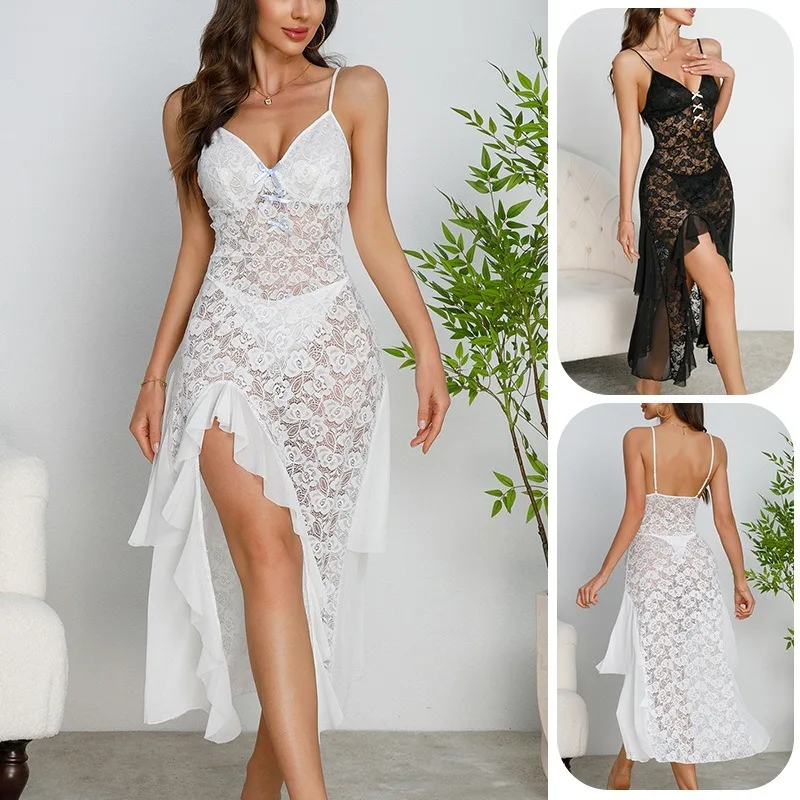 

Luxury Lace Nightdress with Suspender Deep V Neck Sheer Mesh Irregular Split Design Pajamas Sexy Nightgowns