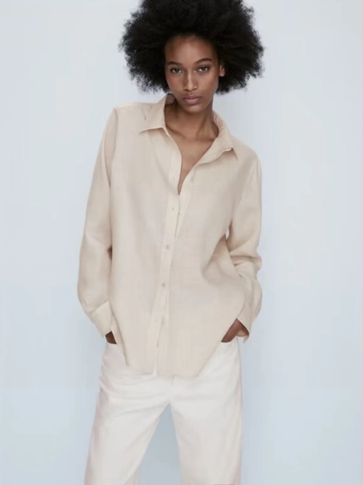 Loose Casual Pure Color Spring Summer New Arrival Women's irt MD Lazy Cotton Linen Long Sve  Collar Button Detail