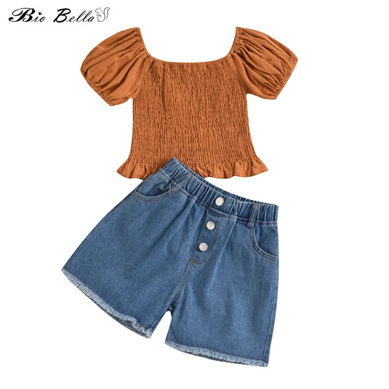 Sweety Girls 2pcs Toddler Summer Outfits Kids Baby Girls Off-shoulder Ruched Brown Tops +Denim Shorts New Kids Outfits