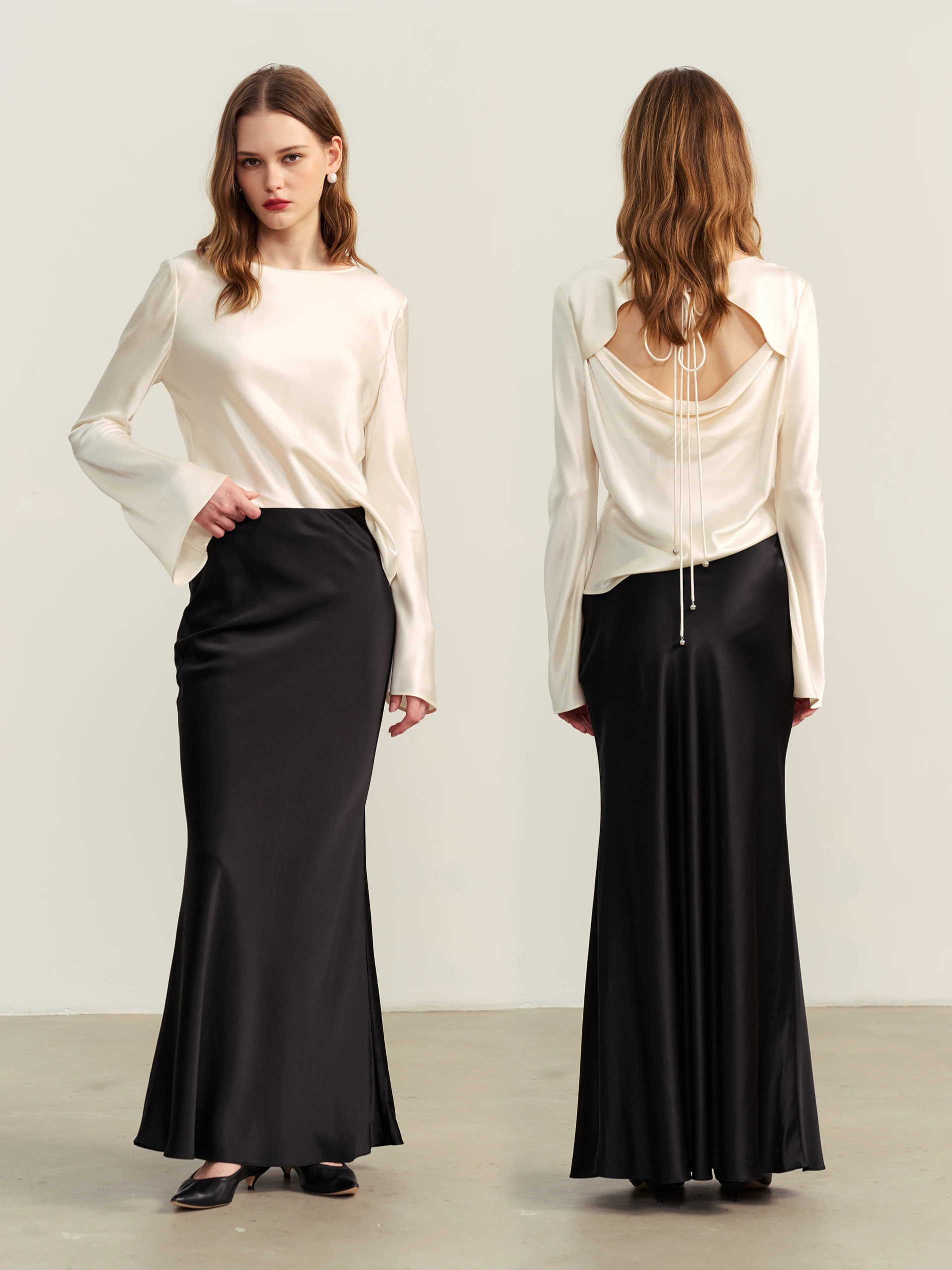 

Шелковый атласный топ Moon Beau с длинными рукавами, бантом и прямым кроем, однотонный, для повседневной носки, лето 2025, женская мода